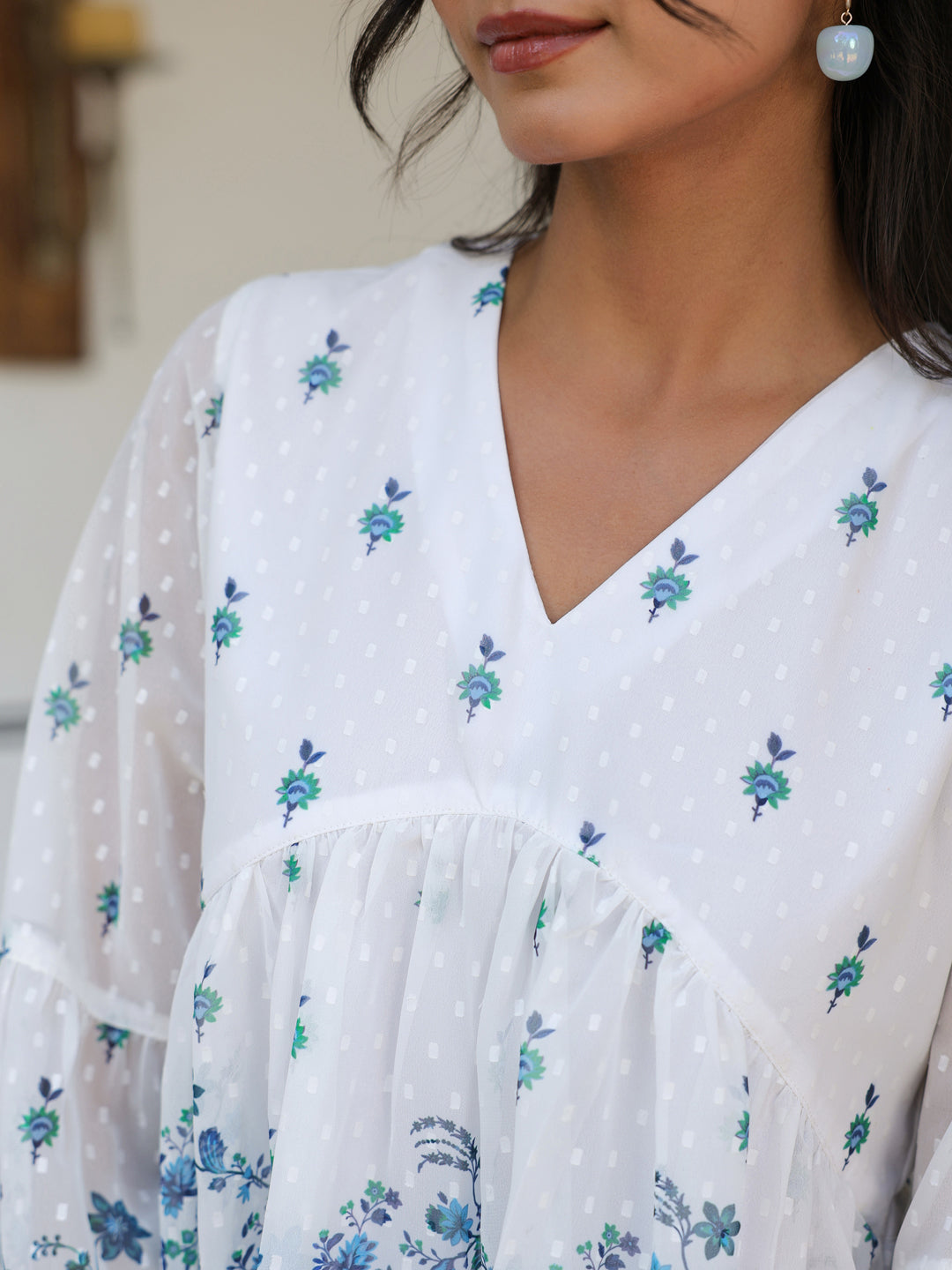 White Georgette Digital Print Flared Top - qivii