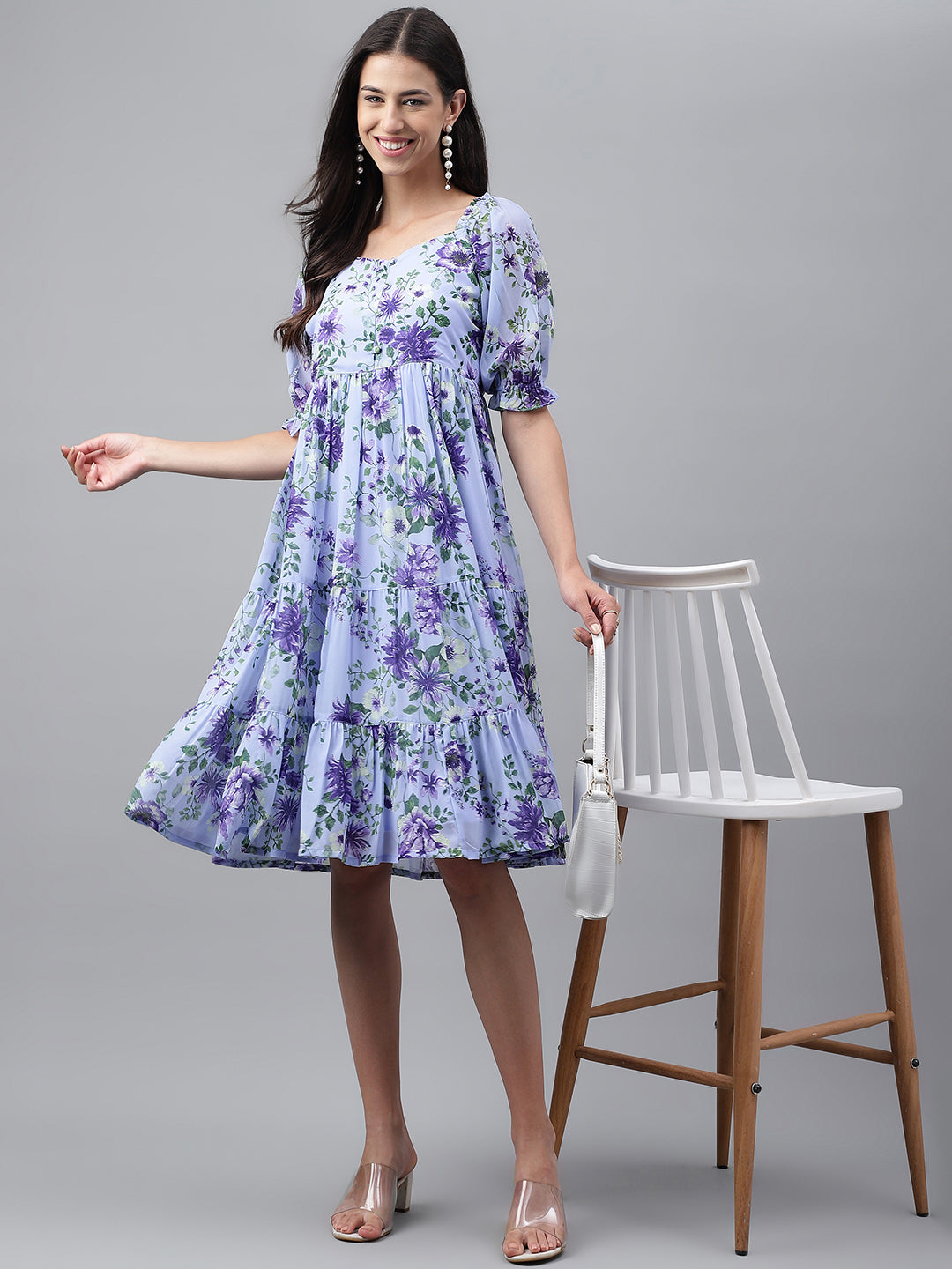 Lavender Georgette Floral Printed Tiered Dress - qivii