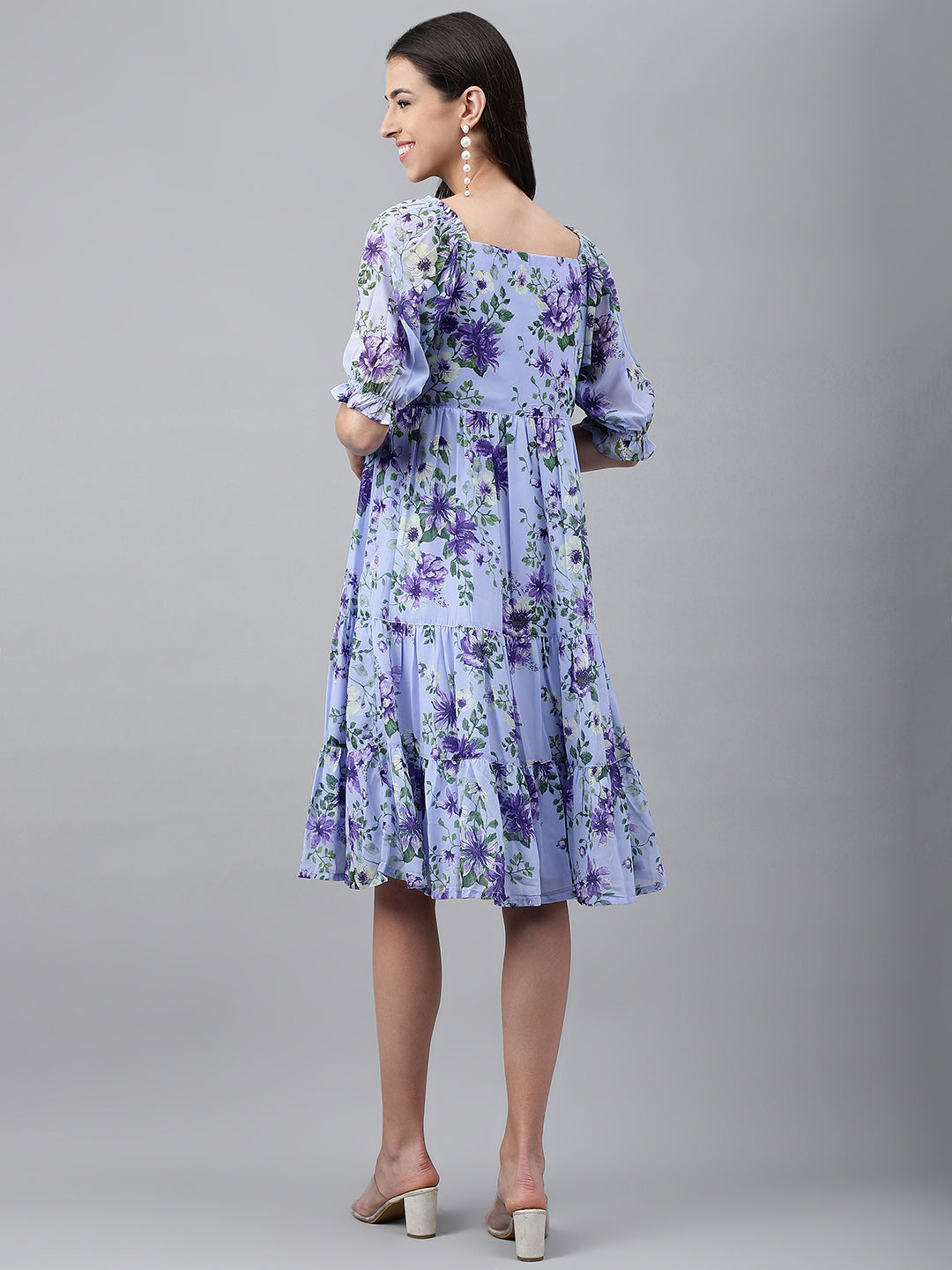 Lavender Georgette Floral Printed Tiered Dress - qivii