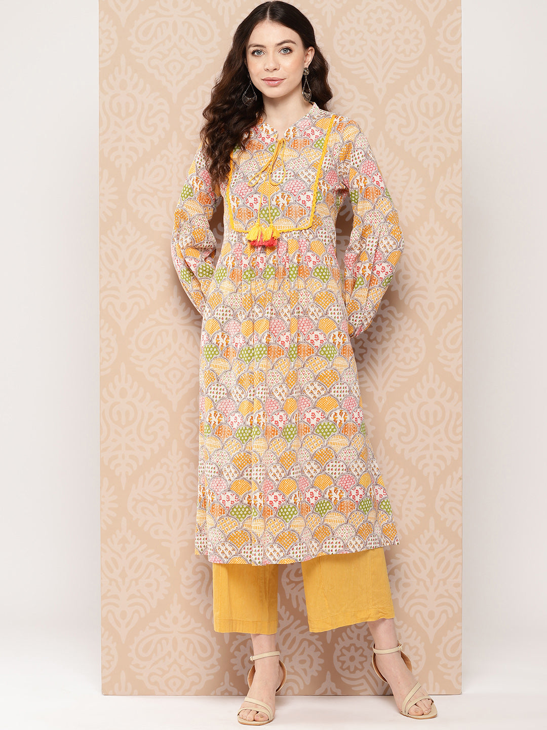 Multicolor Cotton Ethnic Motifs A-Line Kurta - qivii