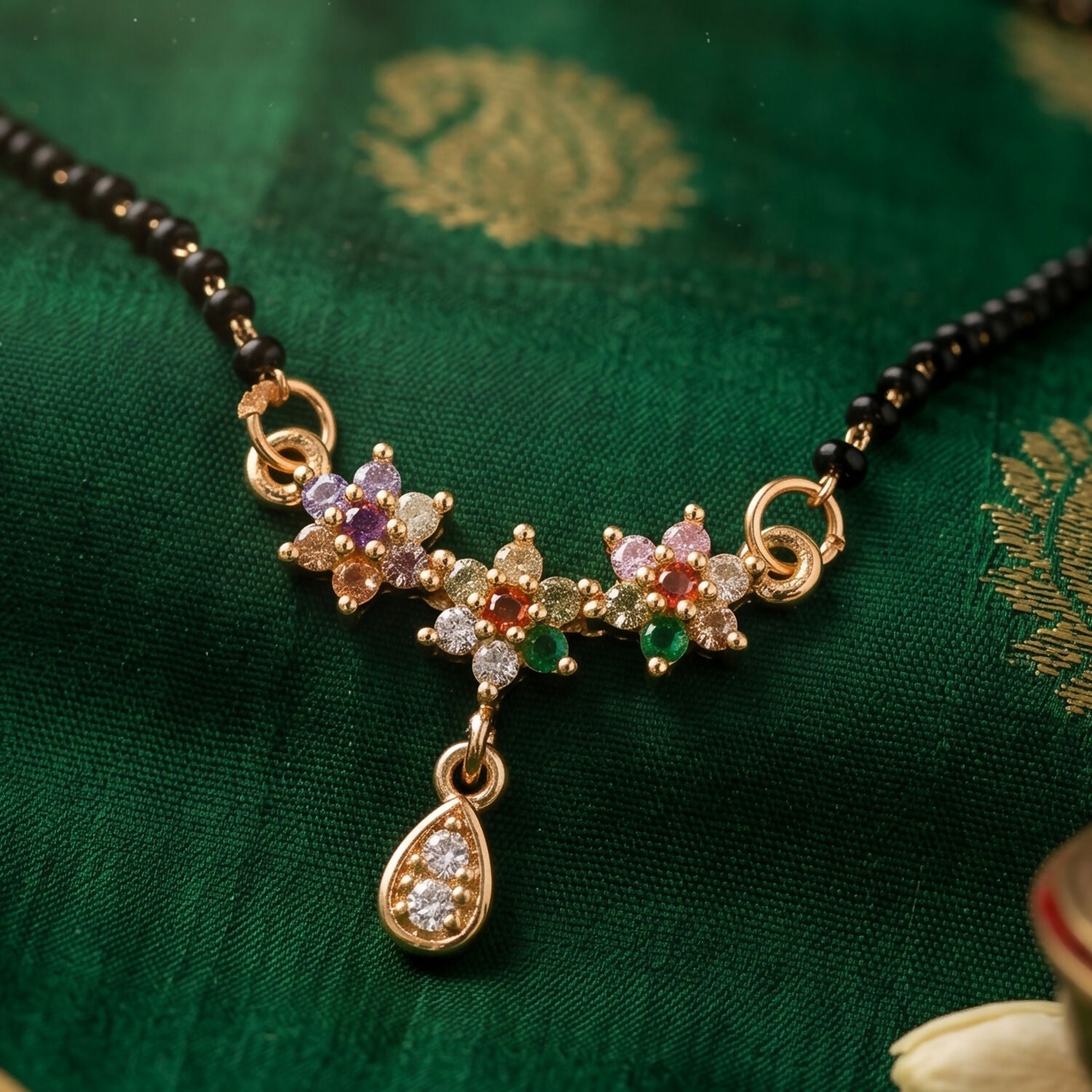 Multicolor Floral Stone Mangalsutra with Hanging Drop Pendant