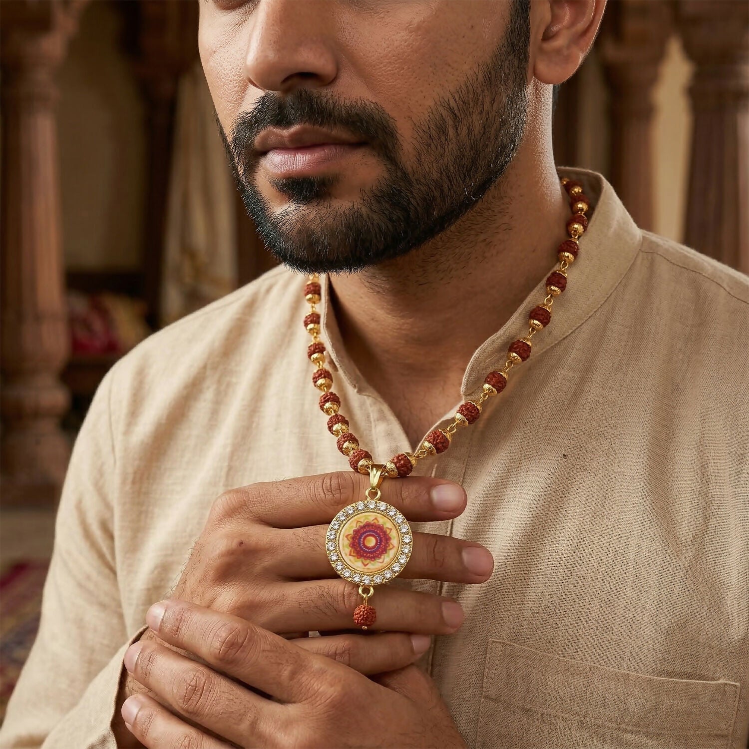 Rudraksha Gold Necklace & Bracelet Set with Mandala Pendant