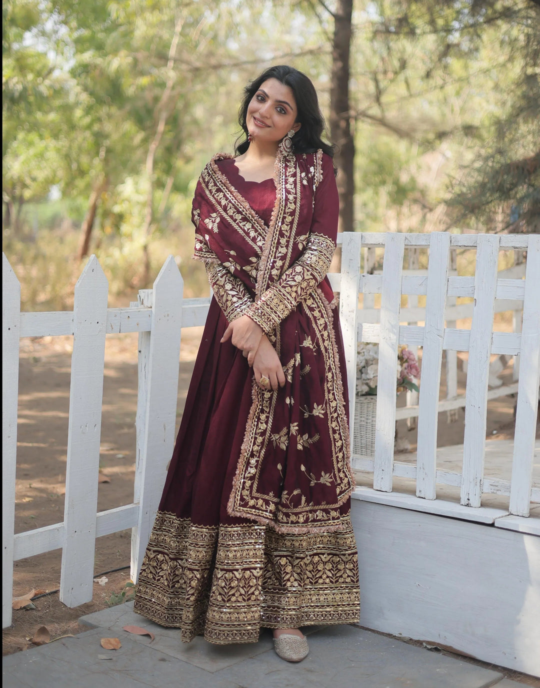 Maroon Vichitra Shimmer Rich Sequins Worked Designer Gown with fancy neck and full cotton lining