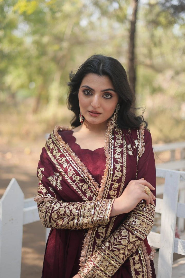 Comfortable Maroon Vichitra Shimmer Gown with stitched canvas patta and full cotton lining