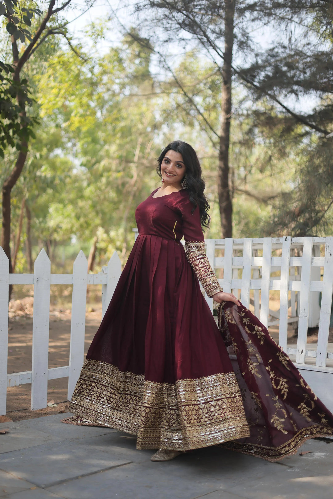 Maroon Vichitra Shimmer Gown with full sleeves and stitched canvas patta for added elegance