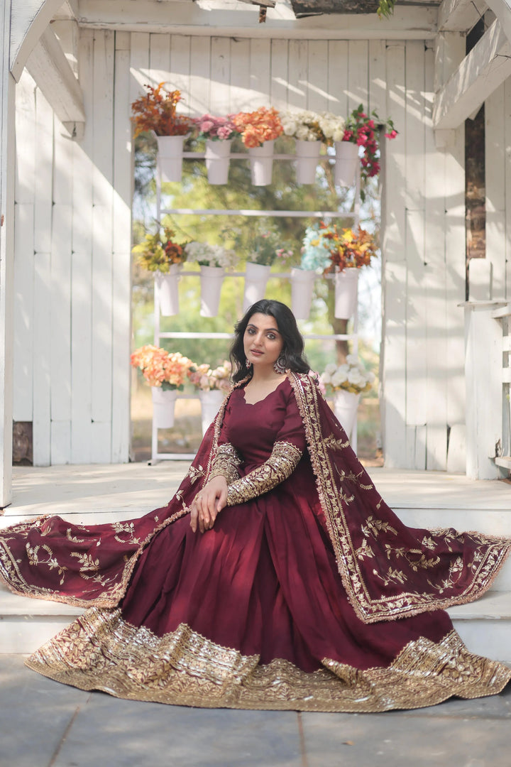 Elegant Maroon Vichitra Shimmer Gown with rich sequin embroidery and full sleeves