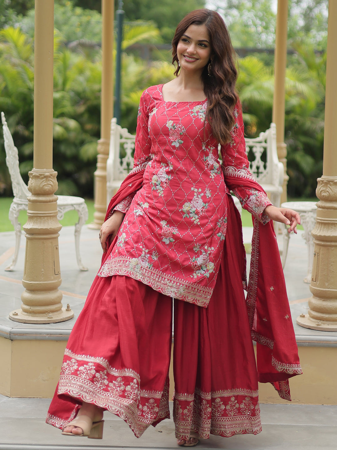 Incredible Maroon Sequins Chinon Festival Wear Palazzo Suit with elegant embroidery and flowing silhouette for a stunning look