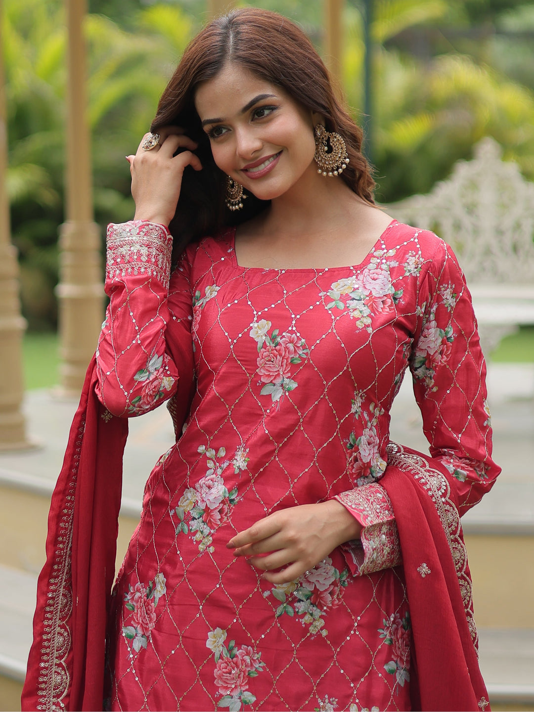 Gorgeous Maroon Sequins Chinon Festival Wear Palazzo Suit for Women