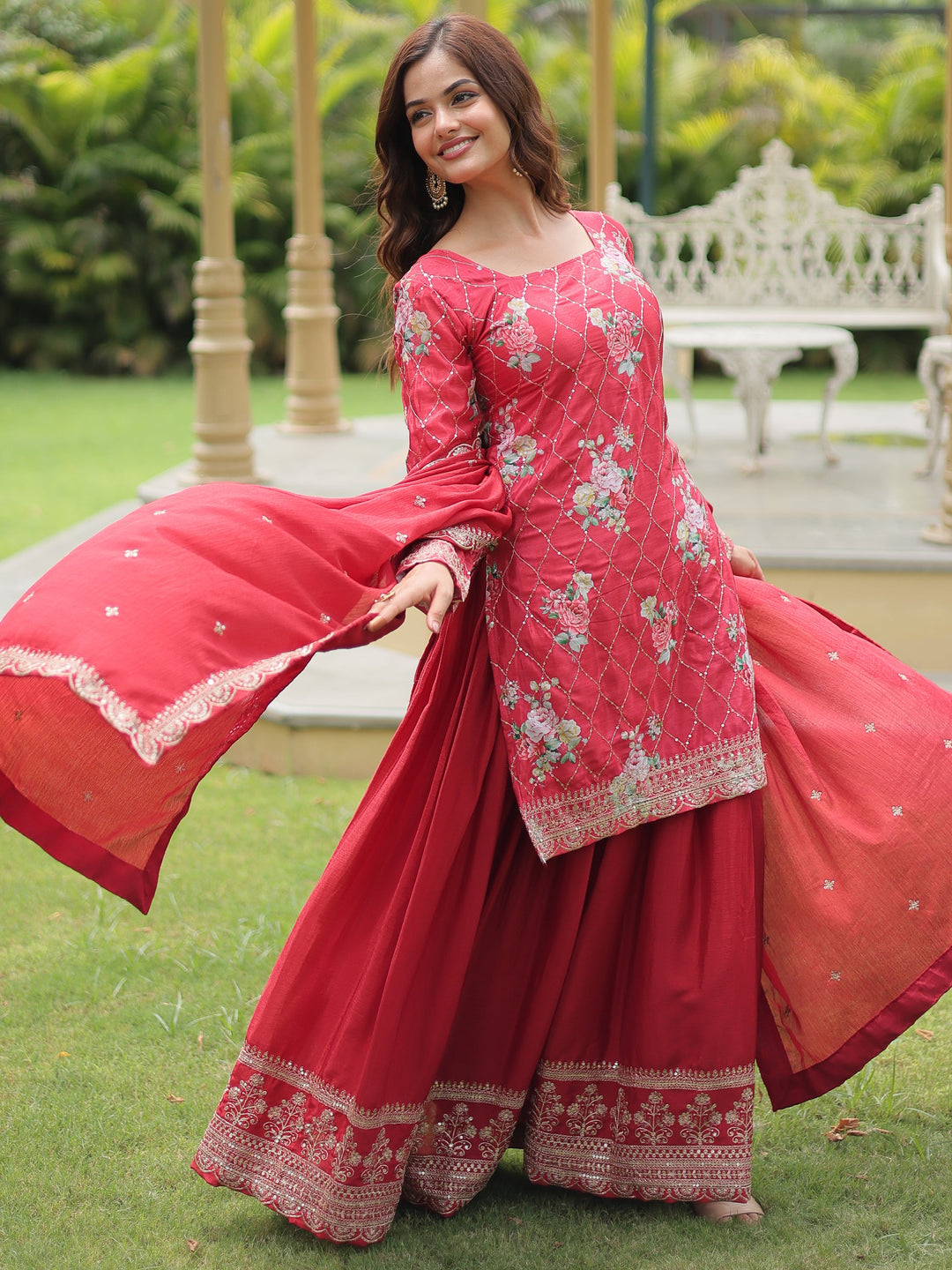 Stunning Maroon Sequins Chinon Festival Wear Palazzo Suit with intricate detailing