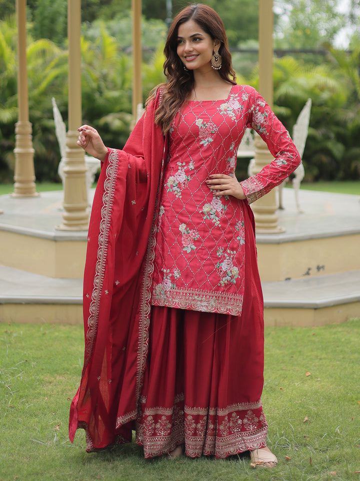 Incredible Maroon Sequins Chinon Festival Wear Palazzo Suit with Embroidered Dupatta