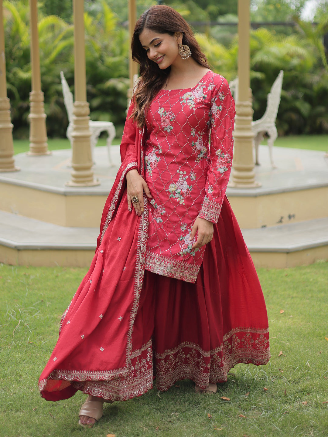 Incredible Maroon Sequins Chinon Festival Wear Palazzo Suit for Women