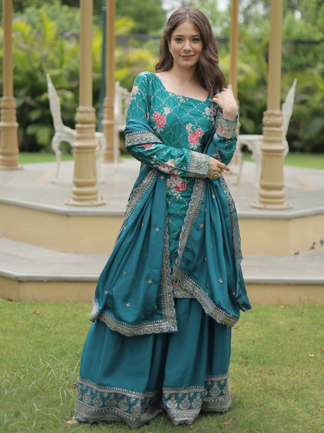 Attractive Teal Blue Sequins Chinon Palazzo Suit With Dupatta for Women