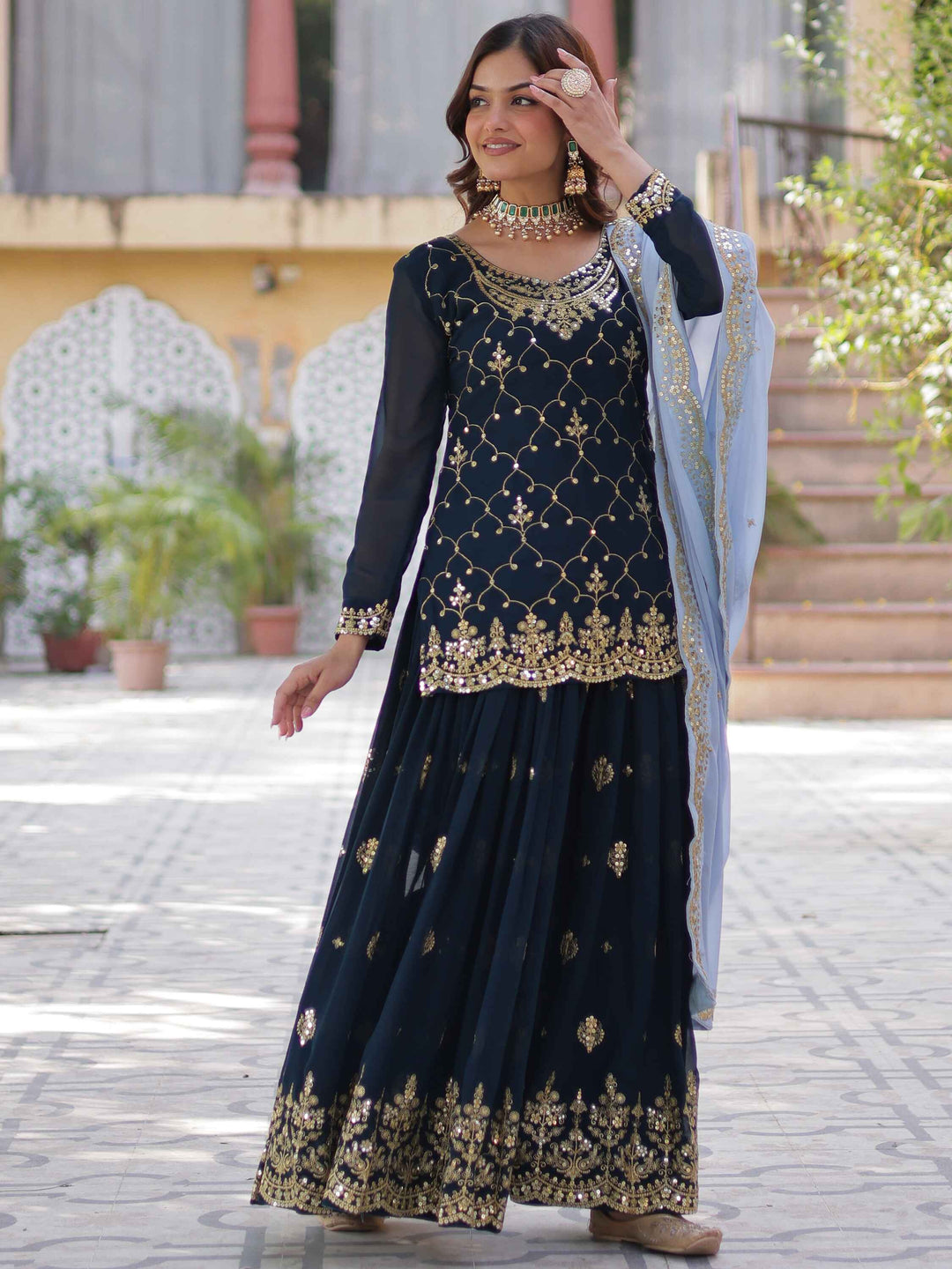 Faux blooming sharara with exquisite embroidery and comfortable elastic waist