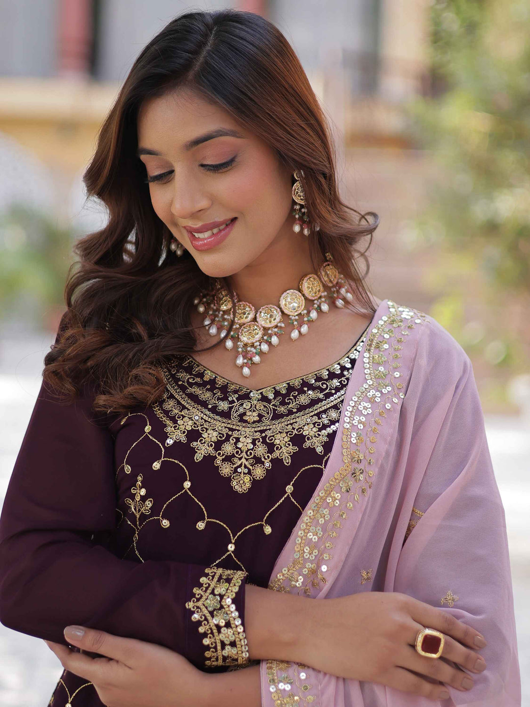 Elegant wine-colored eid wear with opulent effect for any special occasion