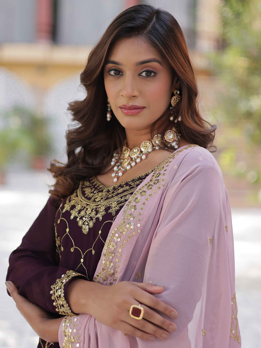 Regal wine-colored ensemble perfect for weddings, festivals, and grand gatherings