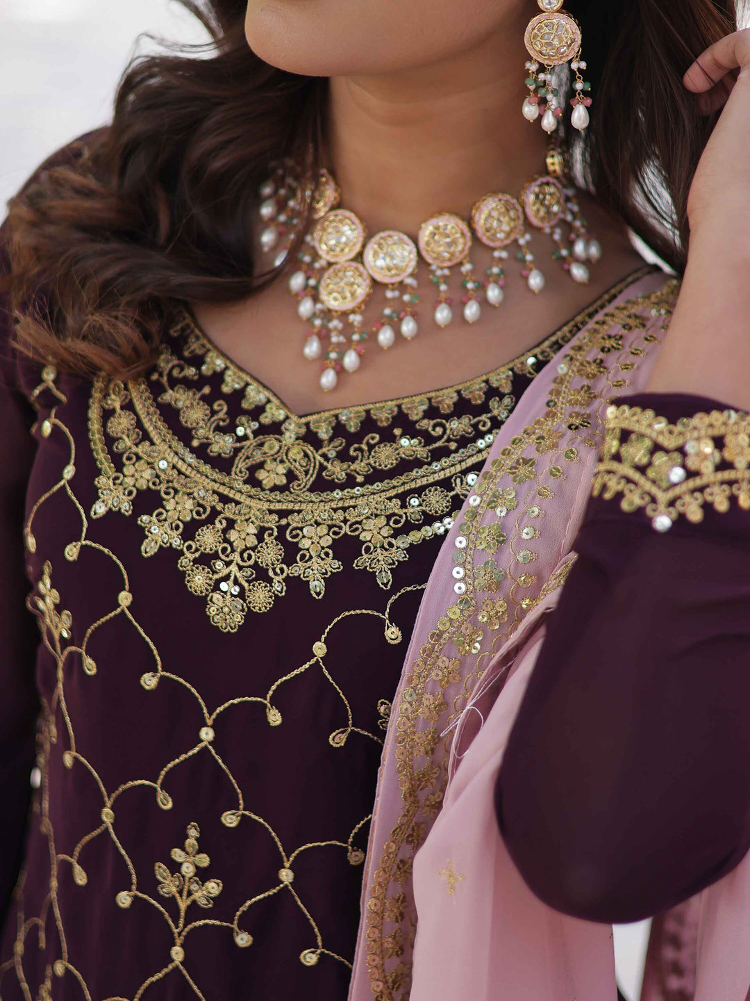 Exquisite sequins embroidery and cutwork detailing on the 225-meter faux blooming dupatta