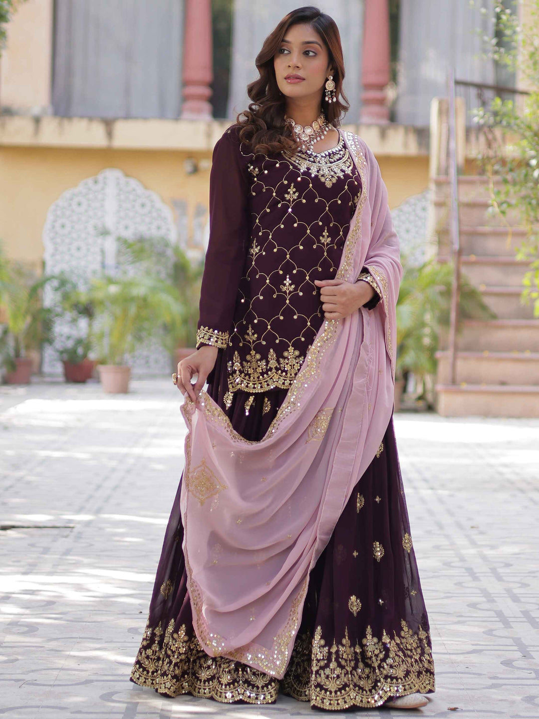 Beautifully embroidered wine-colored faux blooming sharara with 42-inch palazzo for style and ease