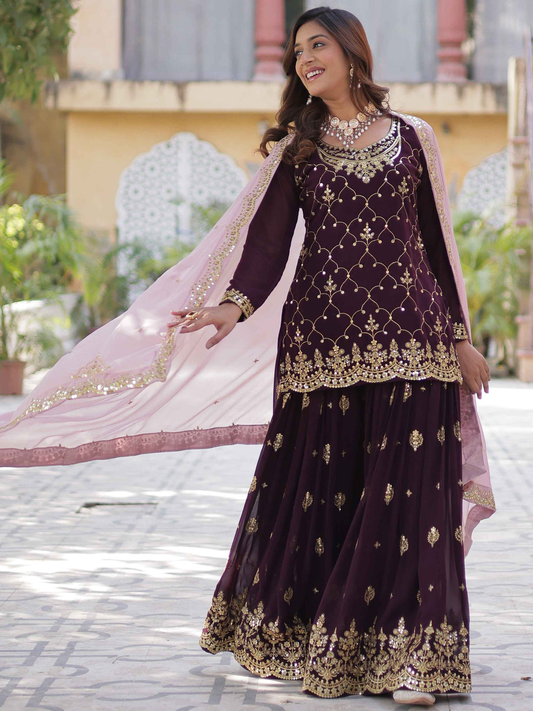 225-meter wine-colored faux blooming dupatta with exquisite sequins embroidery and cutwork detailing