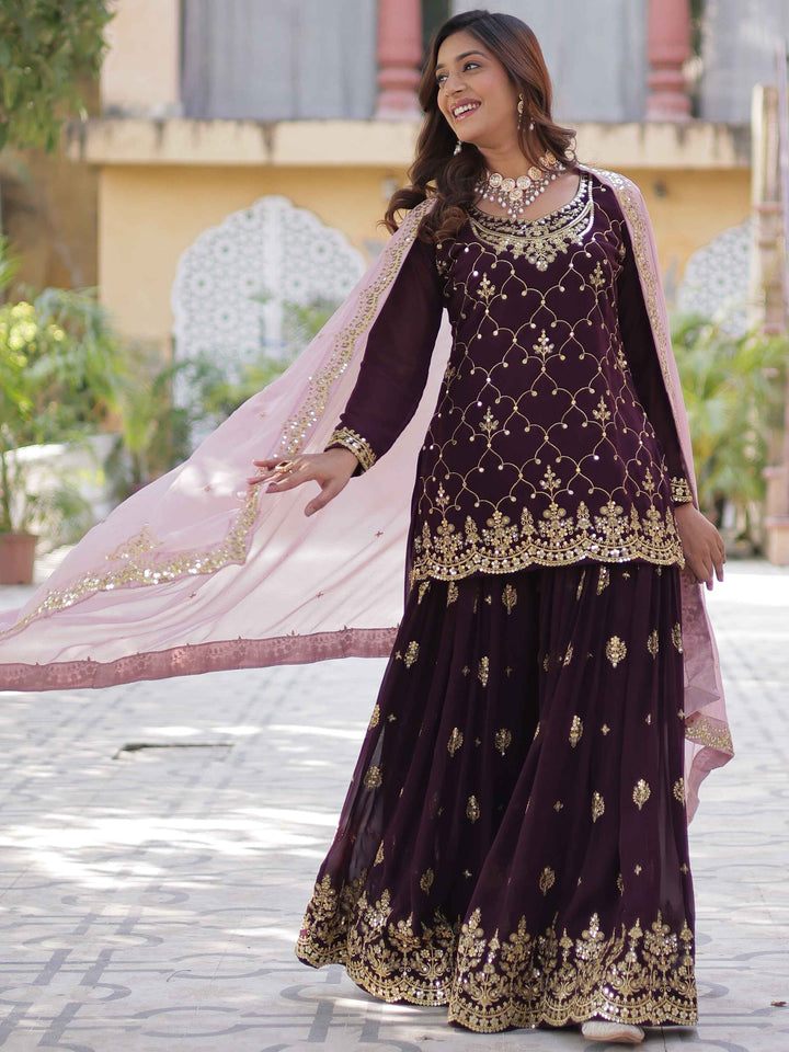 225-meter wine-colored faux blooming dupatta with exquisite sequins embroidery and cutwork detailing