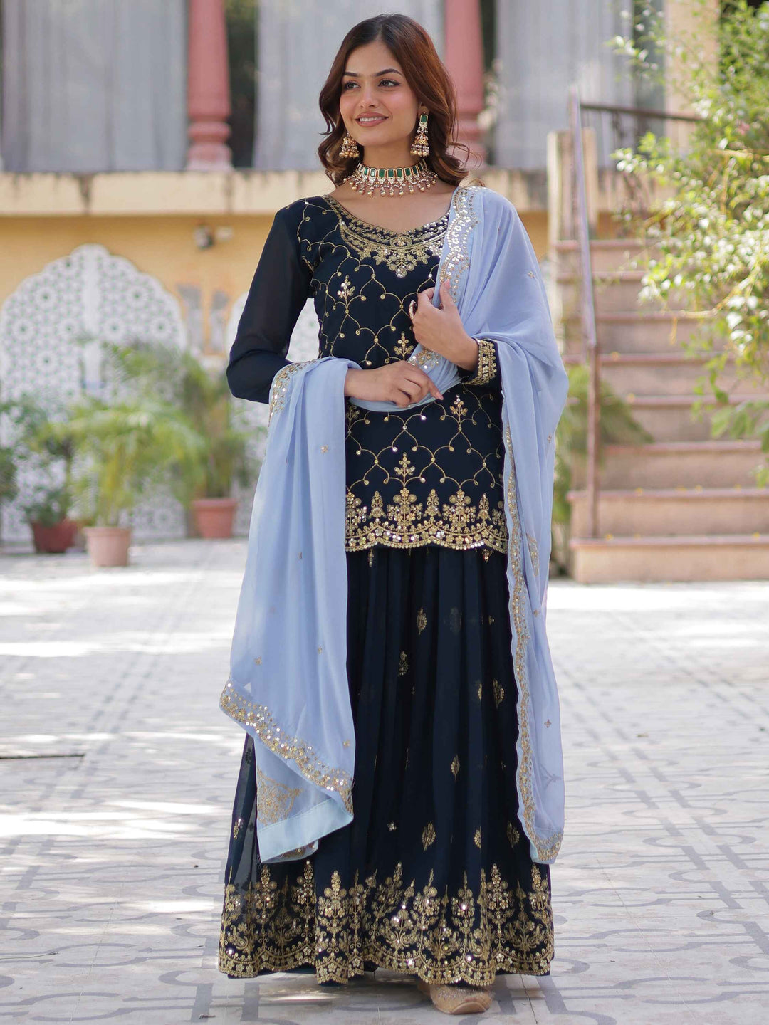 
Stunning Blue Sequins Georgette Festival Wear Sharara Suit with full sleeves and chic pan-shaped neckline