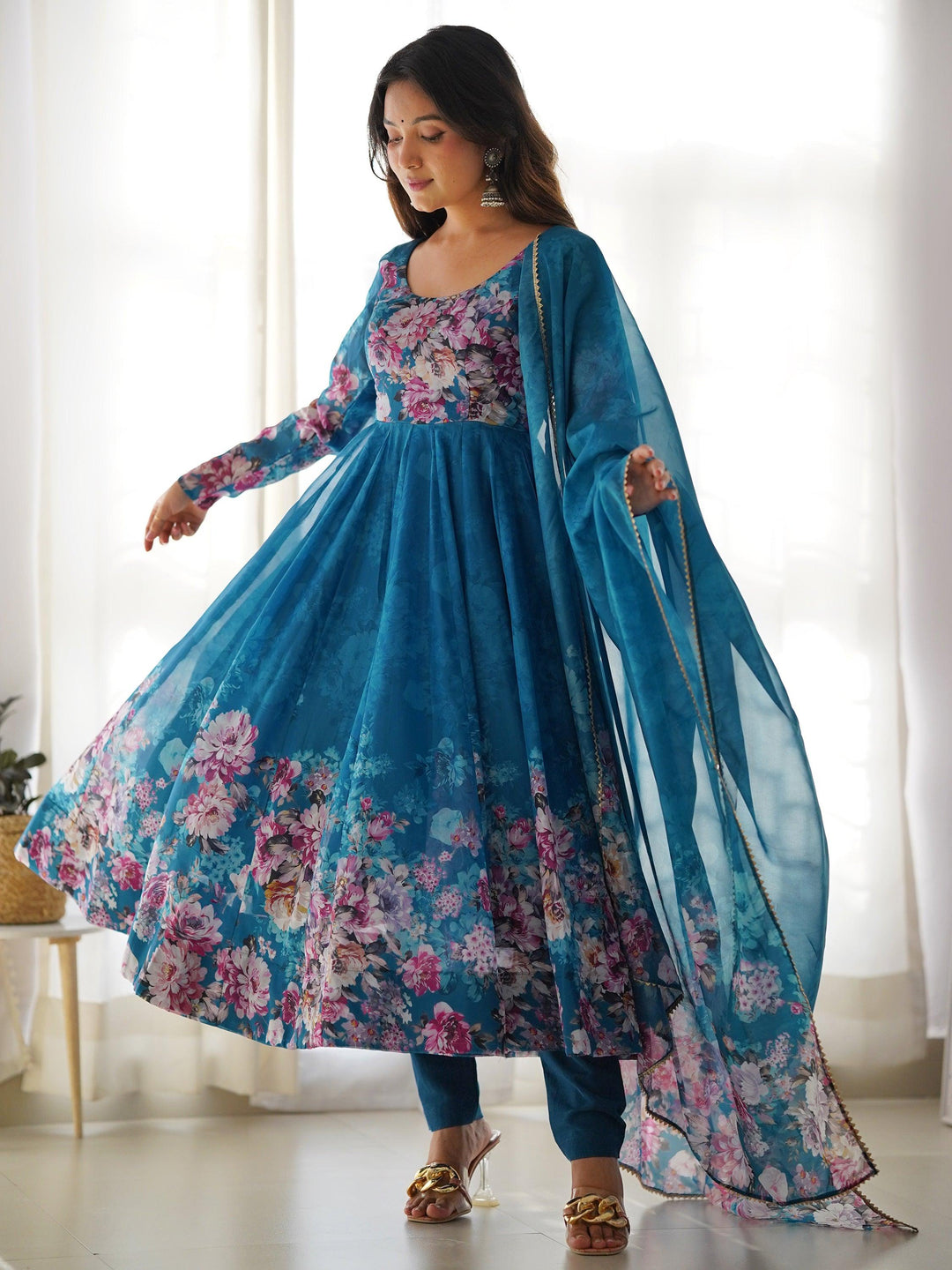 Charming Blue Floral Printed Organza Festival Wear Anarkali Suit with intricate embroidery and flowing silhouette