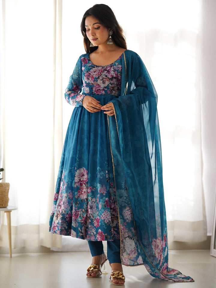Charming blue floral printed organza festival wear anarkali suit with intricate embroidery and matching dupatta