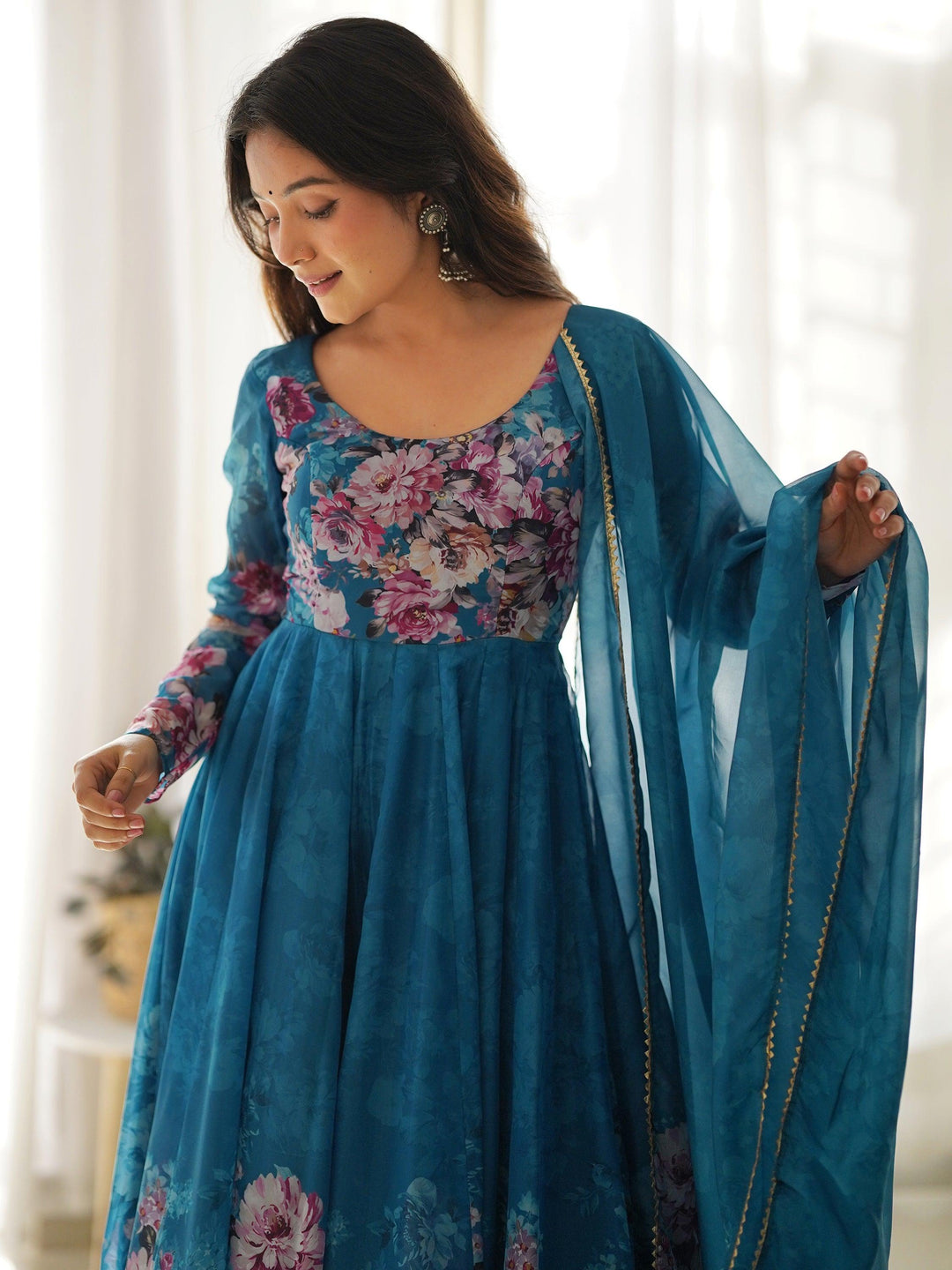 Charming Blue Floral Printed Organza Festival Wear Anarkali Suit with Flared Bottom and Embellished Dupatta