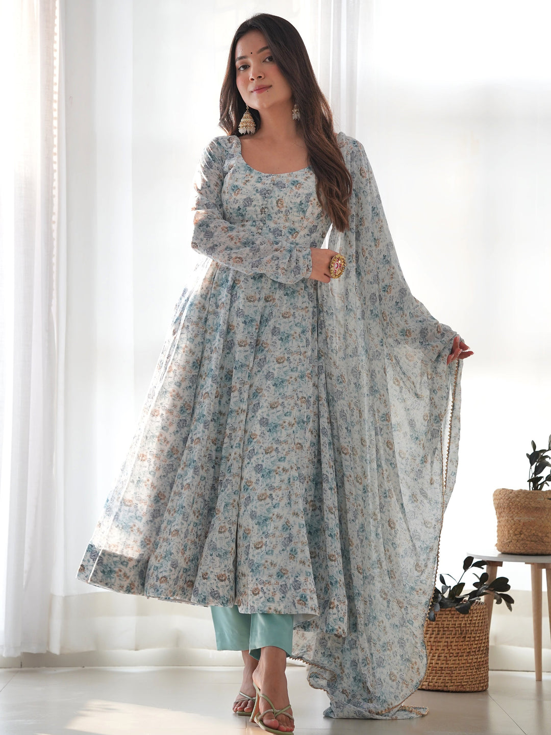 Off-white chiffon Anarkali suit with delicate digital print work