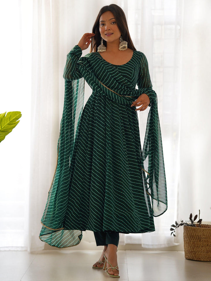 
Green georgette anarkali suit with Laheriya print work 