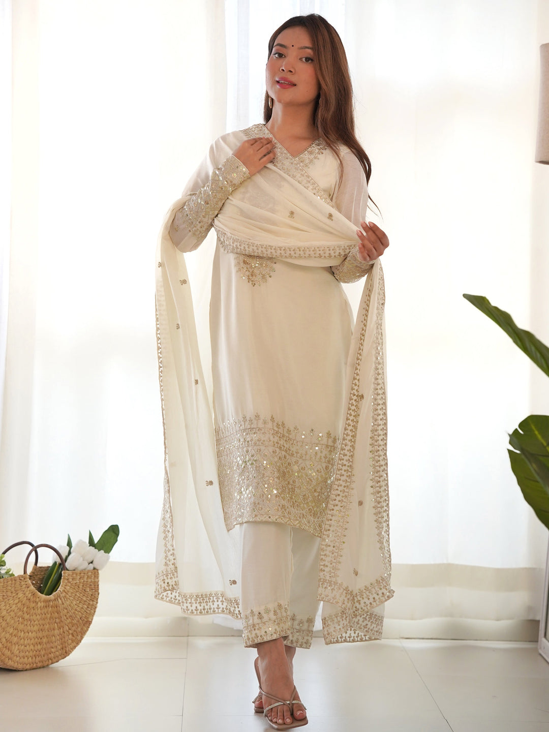 White Chinon silk straight kurta suit for festive wear