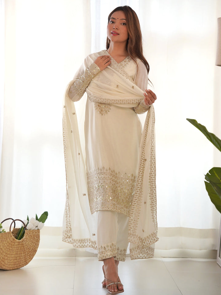 White Chinon silk straight kurta suit for festive wear