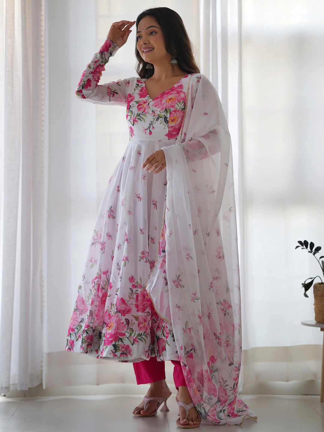Beautiful white floral printed organza festival wear anarkali suit with pink cotton silk pant and matching georgette dupatta, perfect for festivals and special events
