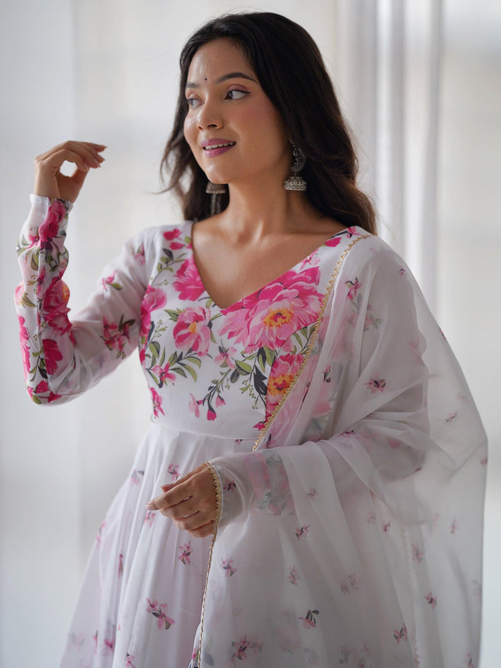 Enchanting white floral printed organza festival wear anarkali suit, perfect for grand celebrations and casual gatherings