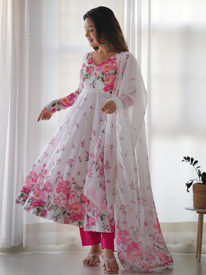 Matching white georgette dupatta with floral print work, adding elegance and charm to the outfit
