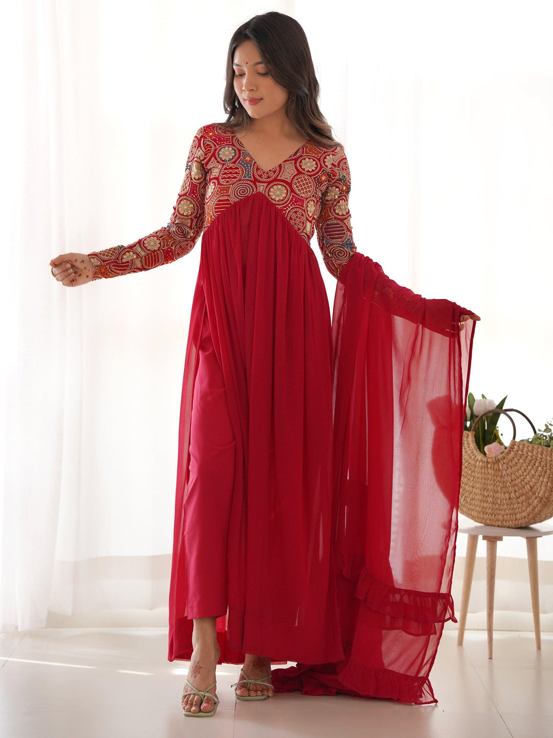 Red georgette ruffle dupatta for a whimsical touch