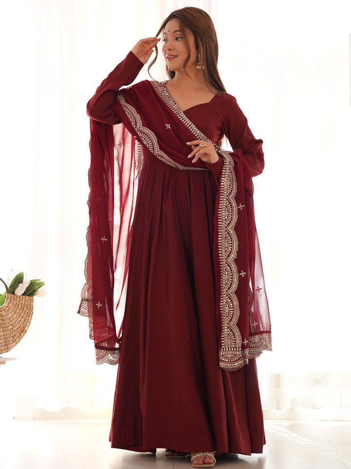  Maroon silk Anarkali suit with intricate embroidered dupatta