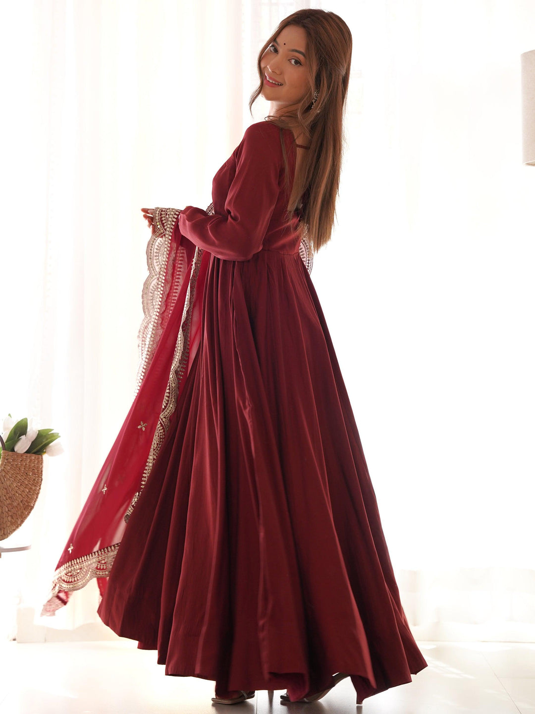  Maroon silk Anarkali suit with georgette dupatta for special occasions