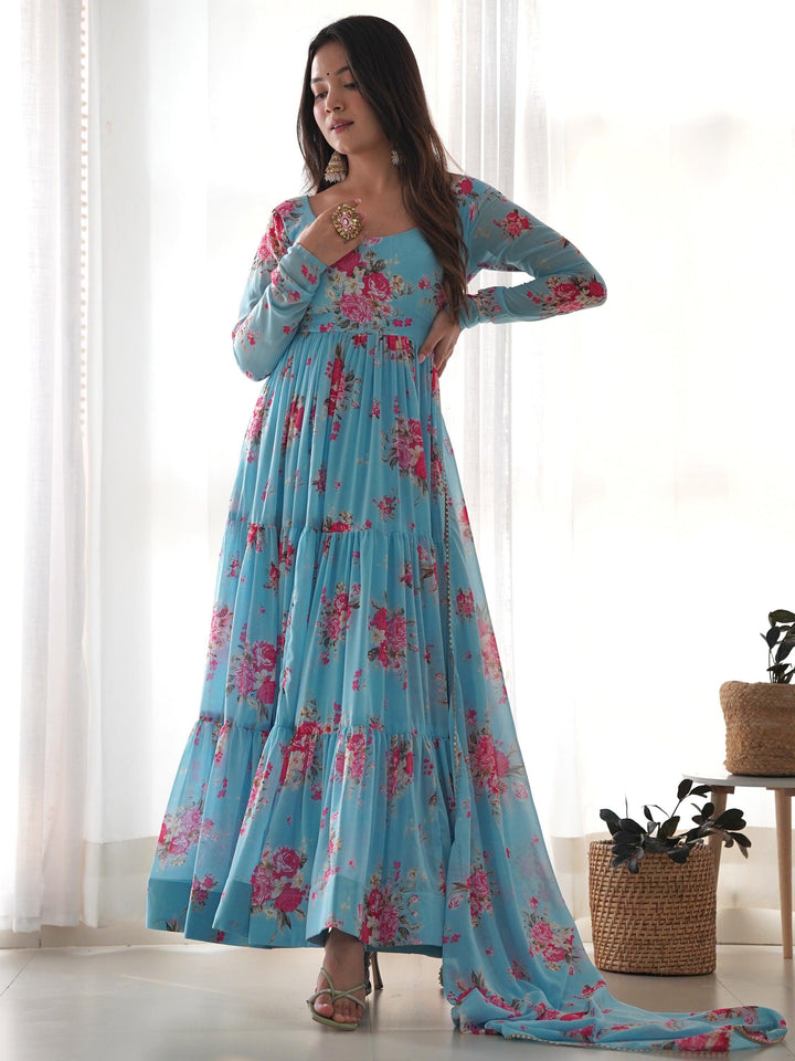 
Sky-blue georgette anarkali suit with delicate floral print work 