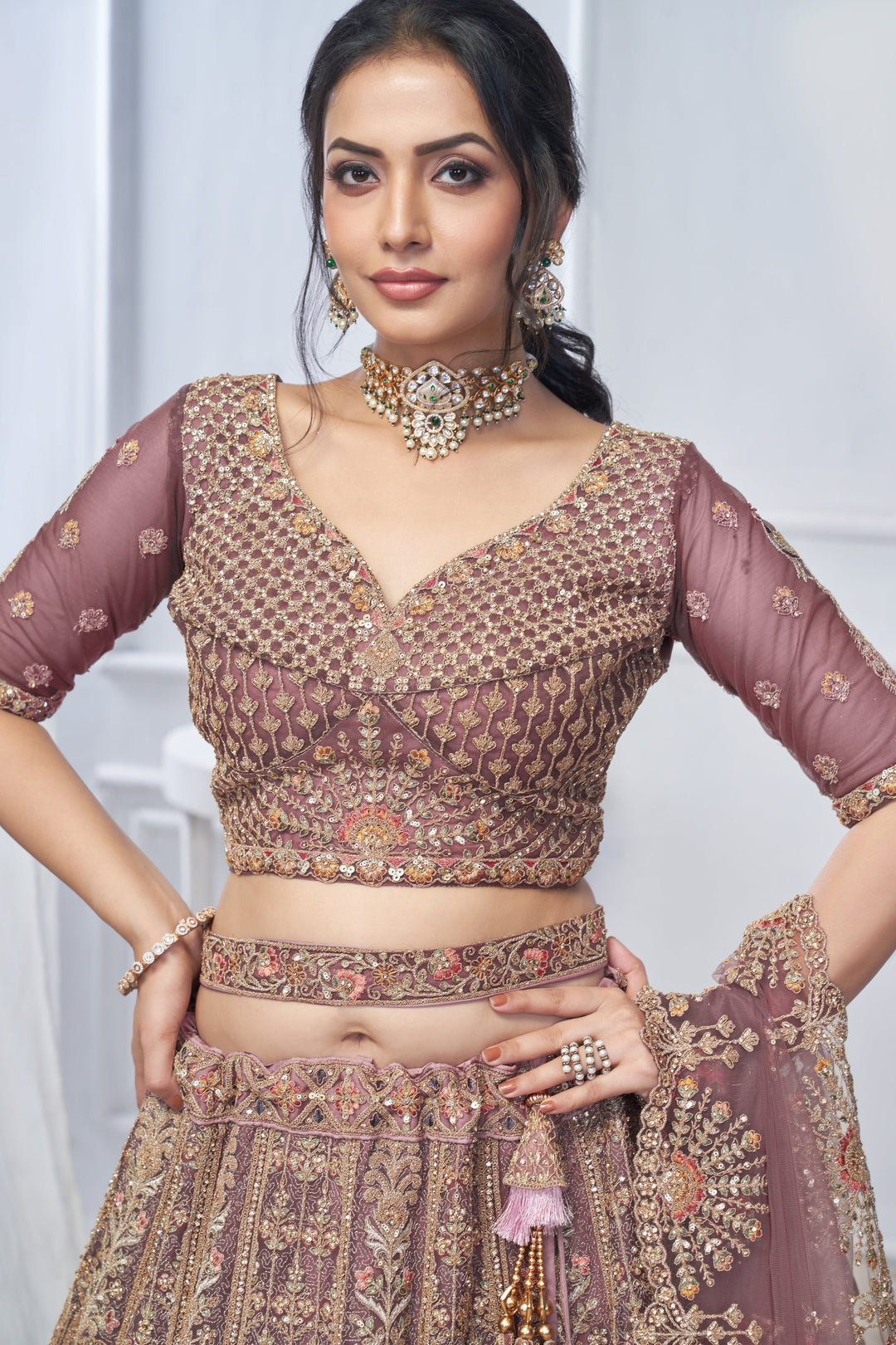 Royal Grandeur Onion Soft Net Bridal Lehenga with Heavy Embroidery - qivii