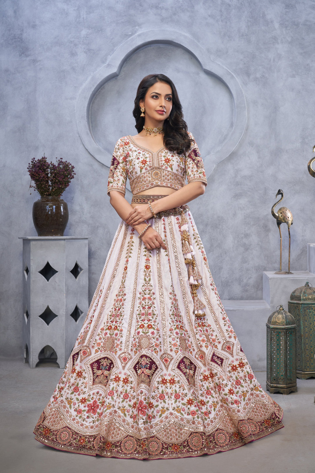 Light Purple Bridal Lehenga Zari Embroidery and Peacock Motifs - qivii
