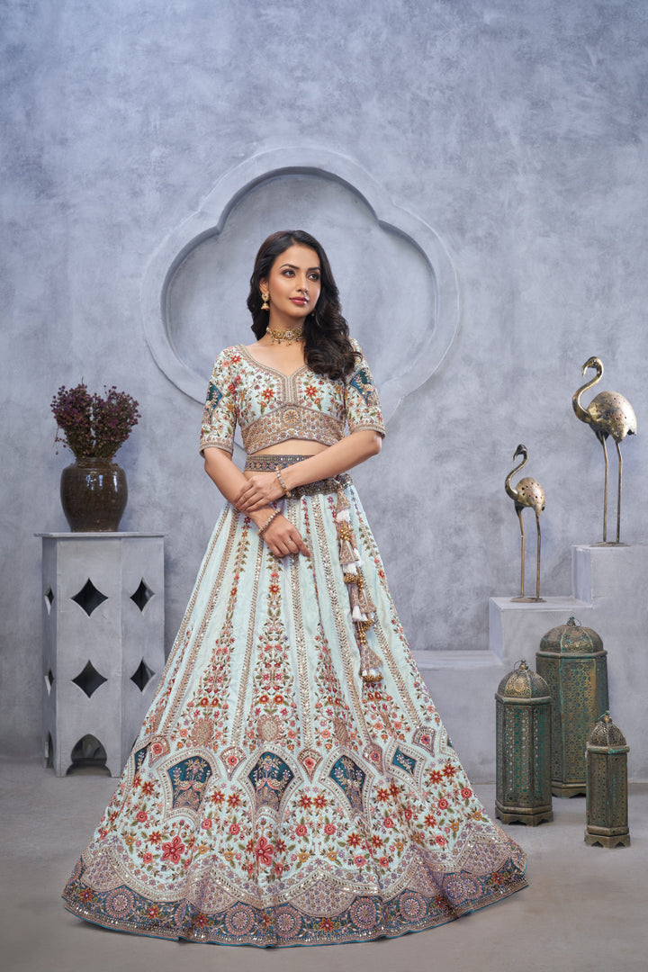 Stunning Sky Blue Lehenga with Zari Paisley Embroidery, Silk Patches, and Peacock Motifs - qivii
