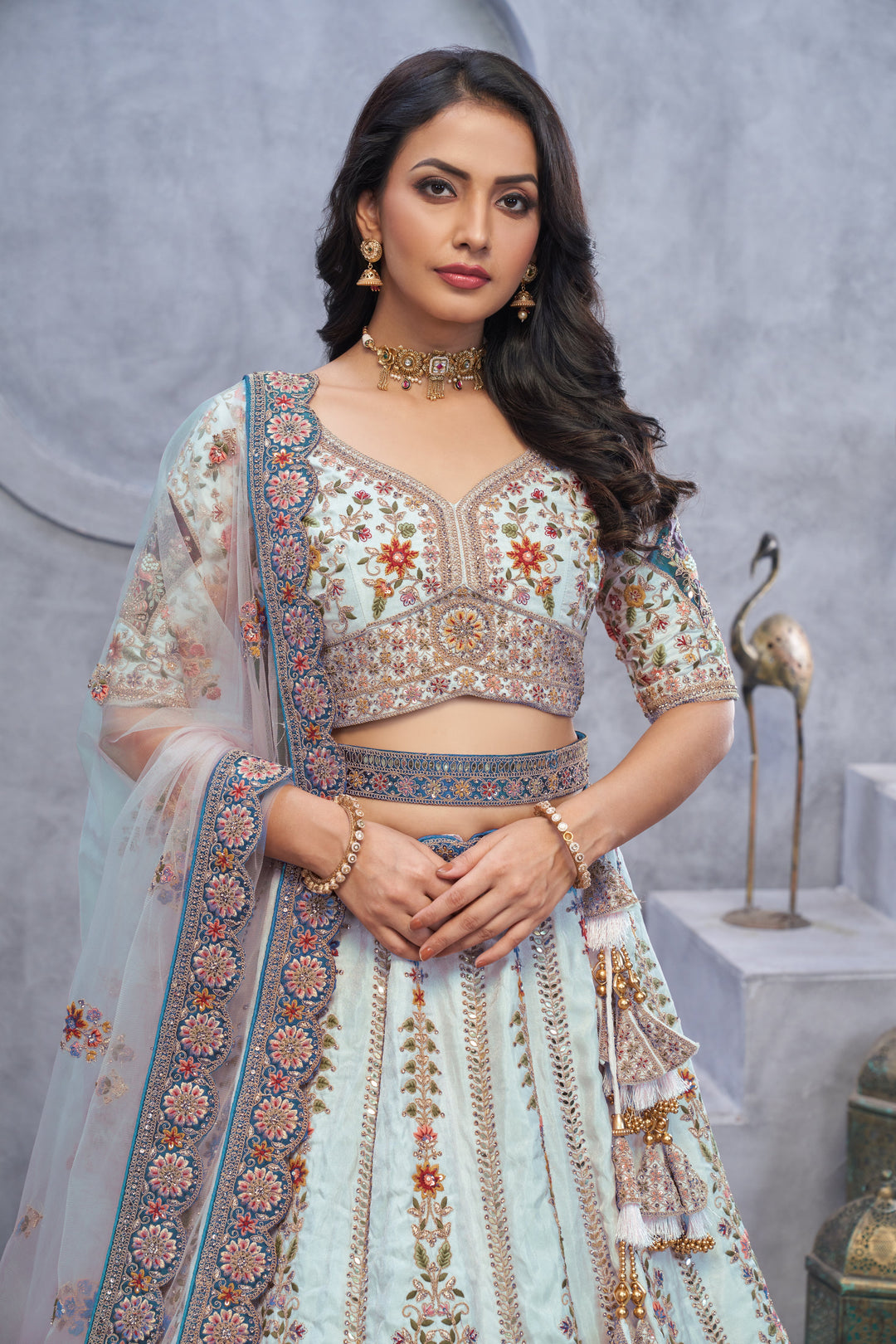 Stunning Sky Blue Lehenga with Zari Paisley Embroidery, Silk Patches, and Peacock Motifs - qivii