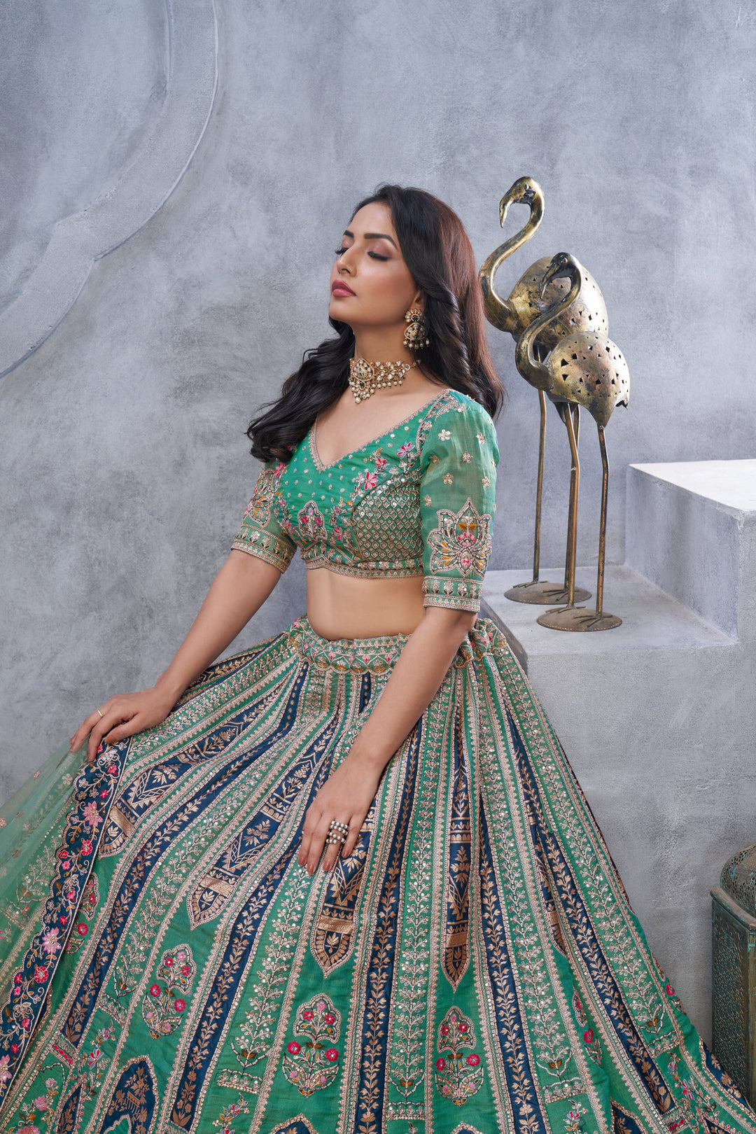 Green Organza Silk Paisley Embroidered Bridal Lehenga Choli with Soft Net Dupatta - qivii