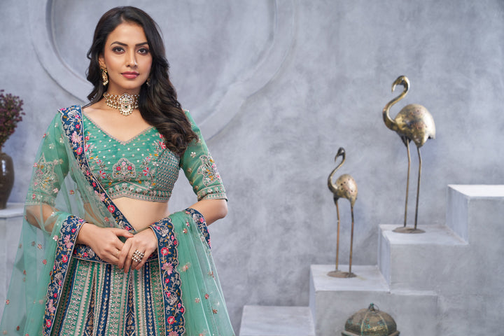 Green Organza Silk Paisley Embroidered Bridal Lehenga Choli with Soft Net Dupatta - qivii
