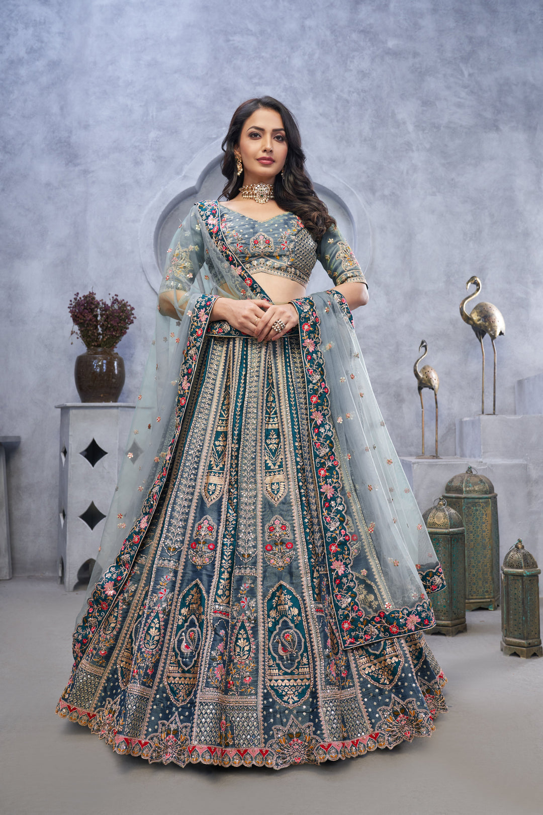 Grey Organza Silk Traditional Bridal Lehenga Choli with Paisley Embroidery & Soft Net Dupatta - qivii
