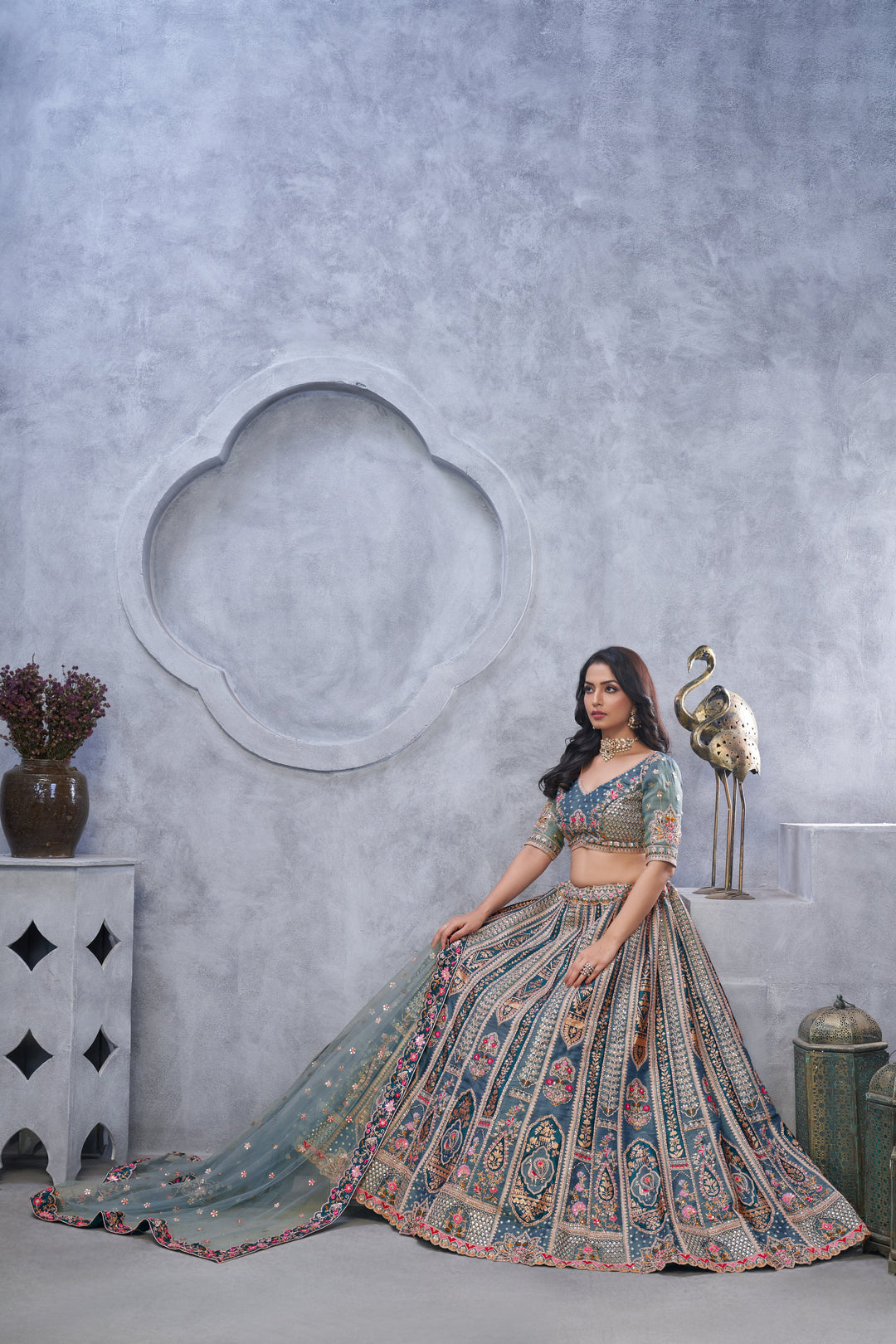Grey Organza Silk Traditional Bridal Lehenga Choli with Paisley Embroidery & Soft Net Dupatta - qivii