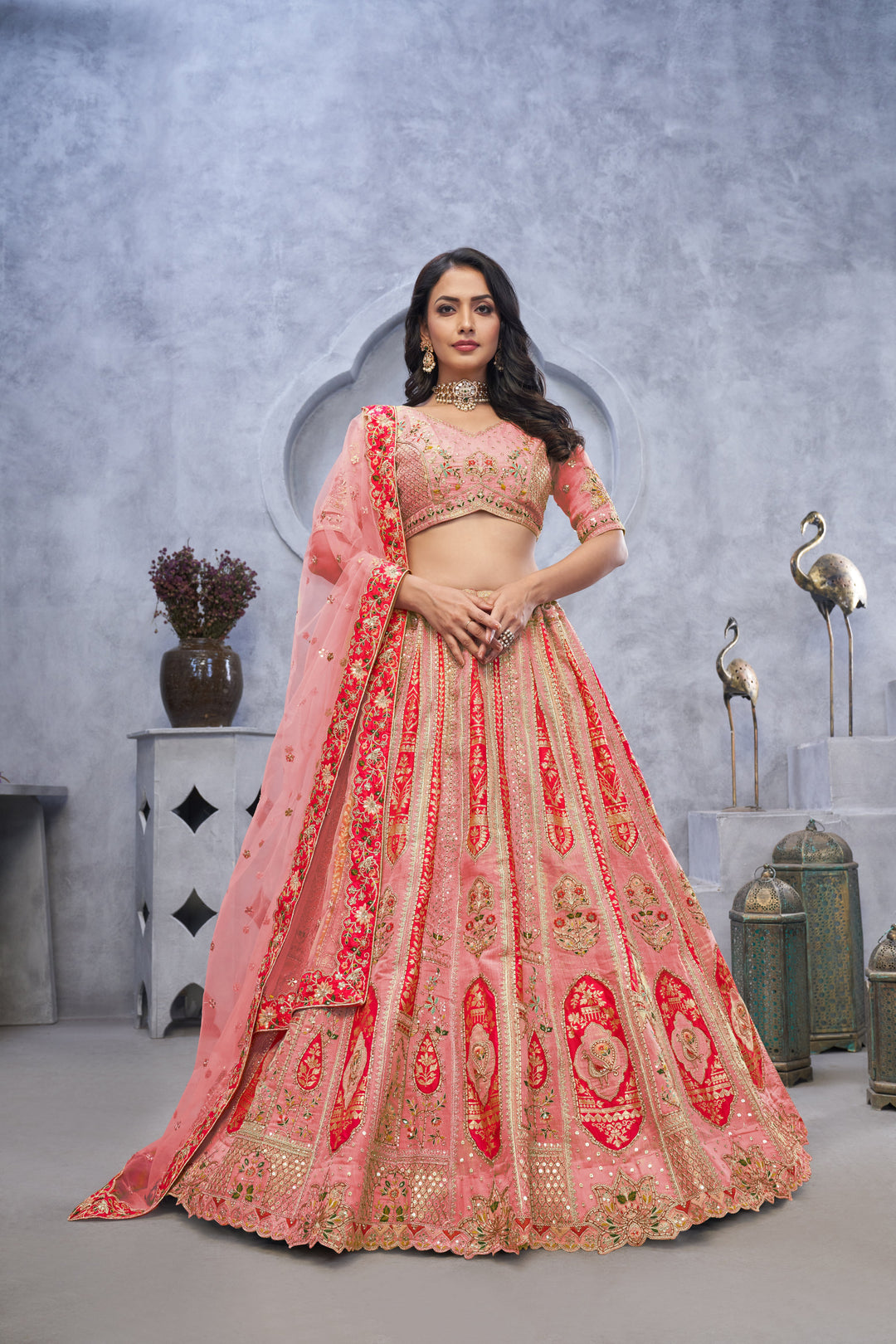 Pink Organza Silk Wedding Lehenga Choli with Paisley Motifs & Soft Net Dupatta - qivii