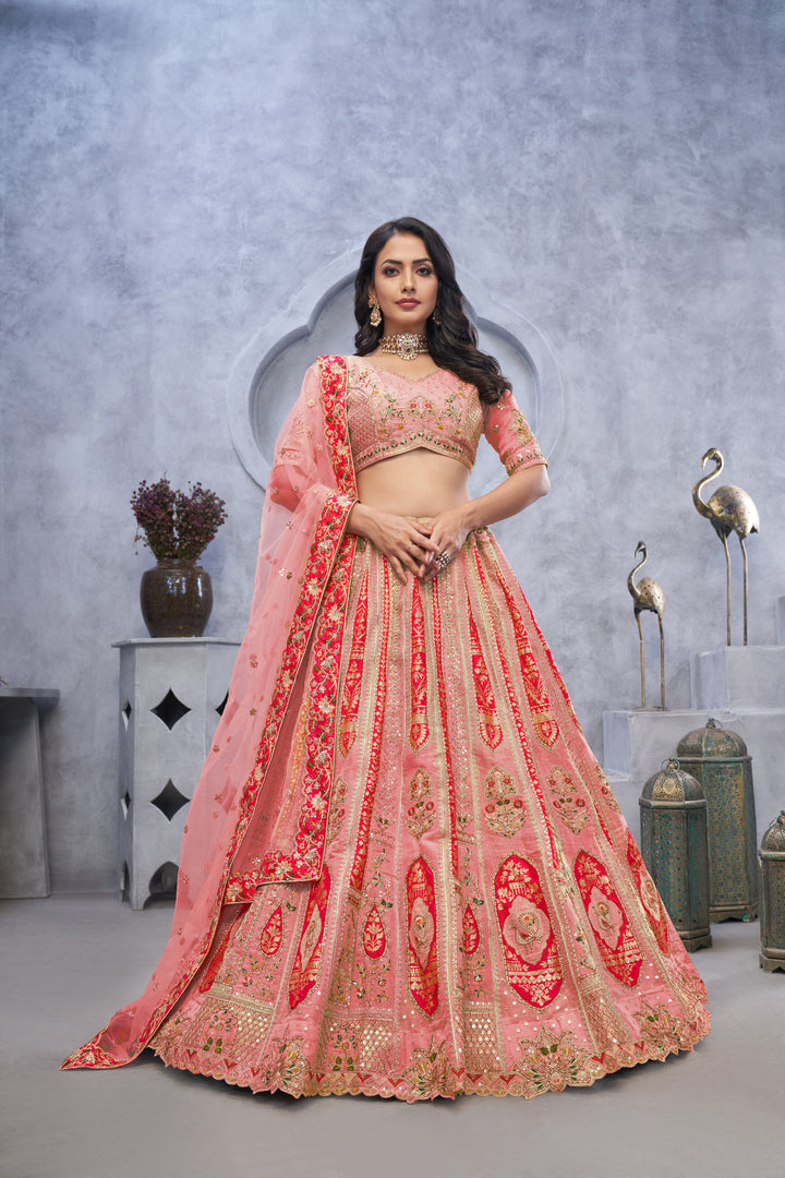 Pink Organza Silk Wedding Lehenga Choli with Paisley Motifs & Soft Net Dupatta - qivii