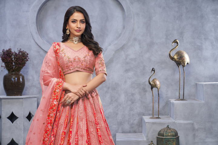 Pink Organza Silk Wedding Lehenga Choli with Paisley Motifs & Soft Net Dupatta - qivii