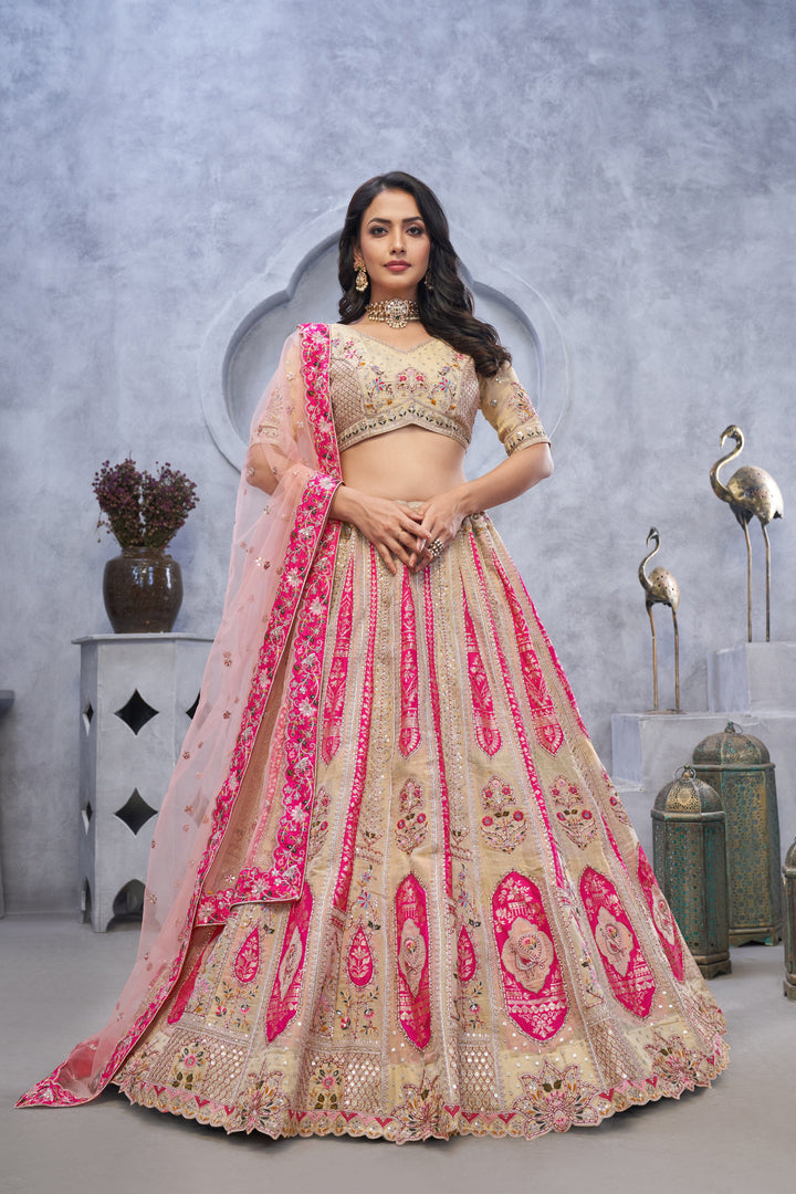 Organza Silk Bridal Lehenga Choli with Intricate Paisley Motifs & Soft Net Dupatta - qivii